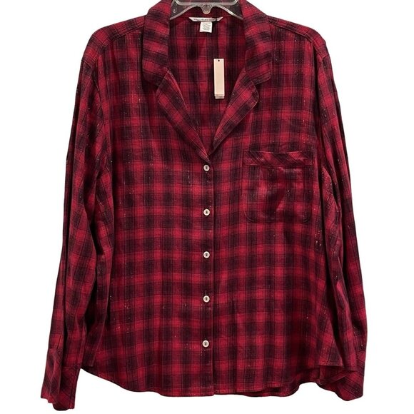 Victorias Secret Pajamas Flannel Plaid Long Sleeve Shirt Pants Red Black XL NWT - Picture 2 of 7